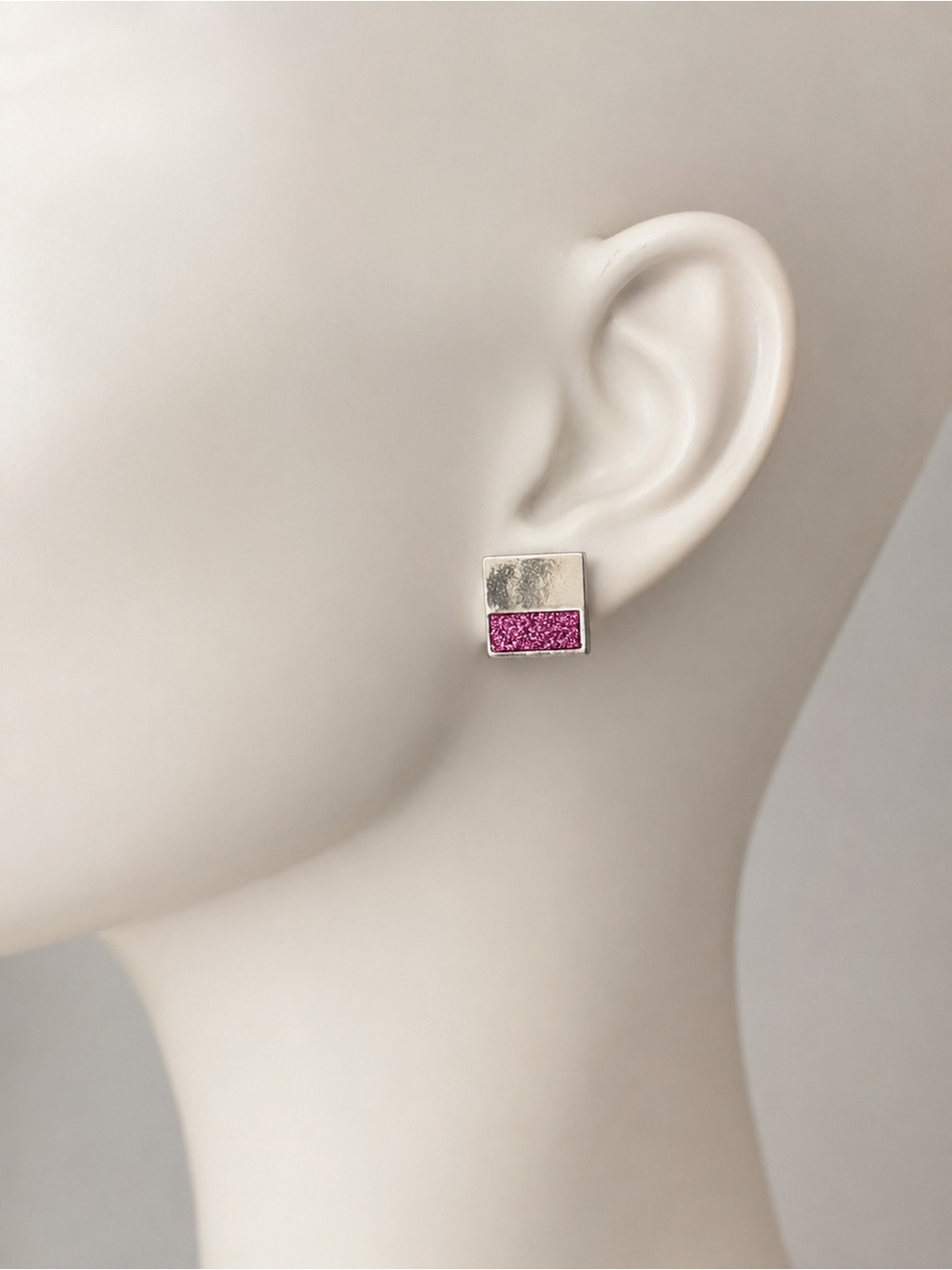 paparazzi Silver Tone Square Studs with Pink Glitter Inset NWT